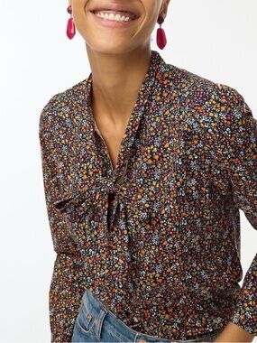 J. Crew Black Floral Tie-Neck Blouse
